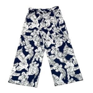 Melloday wide leg belted pants Navy White Tropical print Pull on Size M Stretch